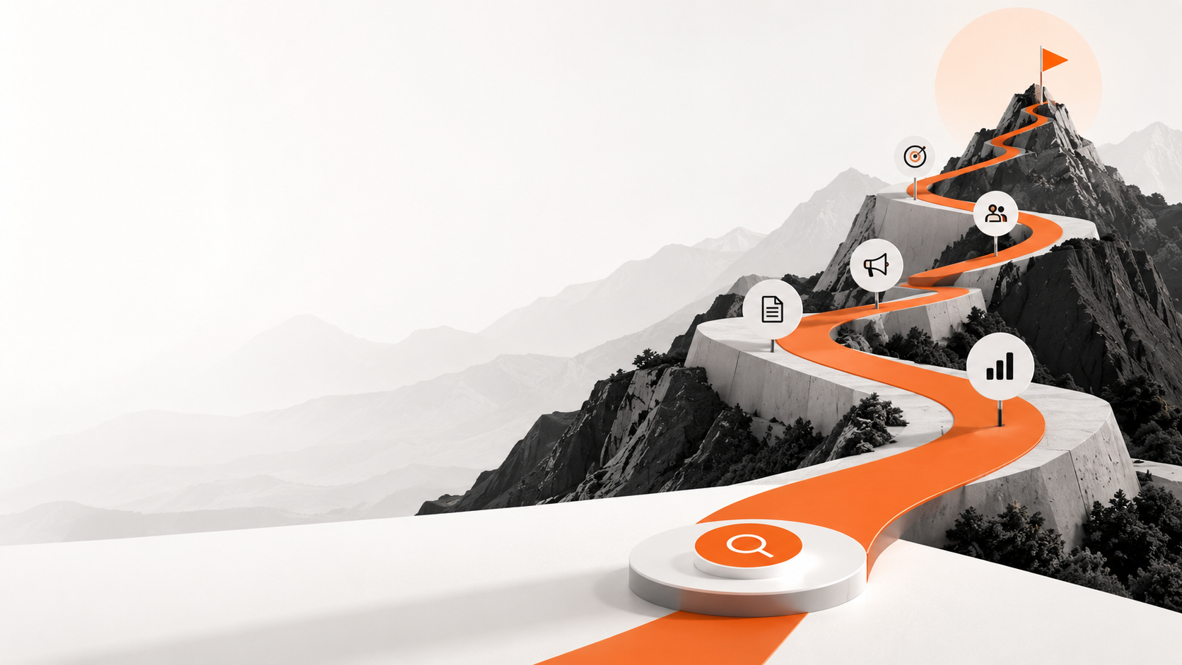 An orange pathway rises from a search icon at the base of a mountain, through strategy and channel waypoints, to a flag at the summit — search, strategy and channels working as one system.